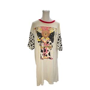 Vintage Simply Basic Bear Cow Print Nightgown Sleep Shirt One Size Cream Red